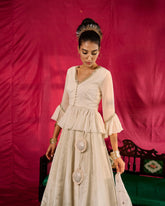 Ivory tissue lehenga with peplum blouse and mukaish organza dupatta - Sohni